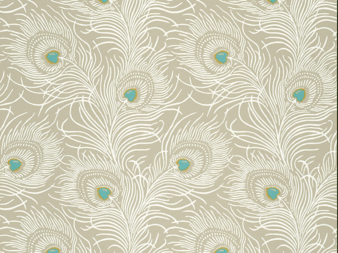 Little Greene Carlton House Terrace - Pompon papier peint avec des accents turquoises et des plumes de paon blanches