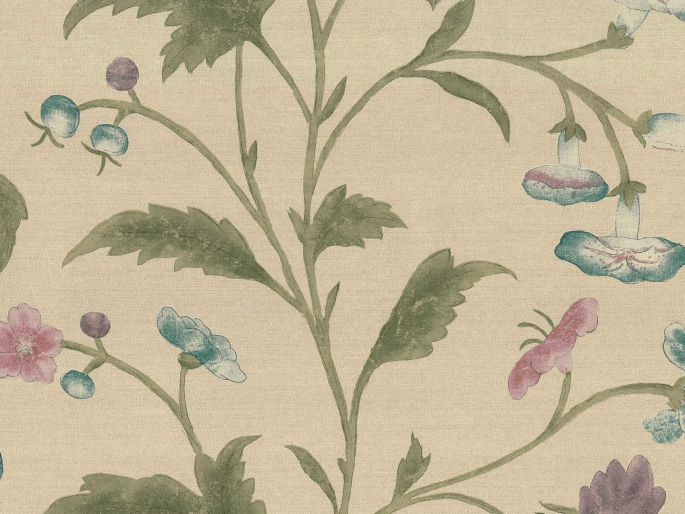 China Rose - Sauge papier peint avec de grandes fleurs et des feuilles de Little Greene
