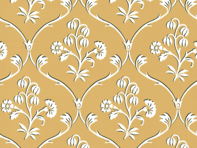 Cranford - Wheat papier peint de Little Greene de couleur ocre jaune avec des volutes et des fleurs blanches