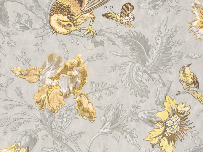 Little Greene papier peint Crowe Hall Lane - Gilt avec des oiseaux jaunes et des fleurs