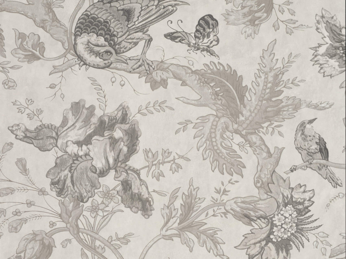 Papier peint gris avec des oiseaux et des fleurs Crowe Hall Lane - Nuage de Little Greene