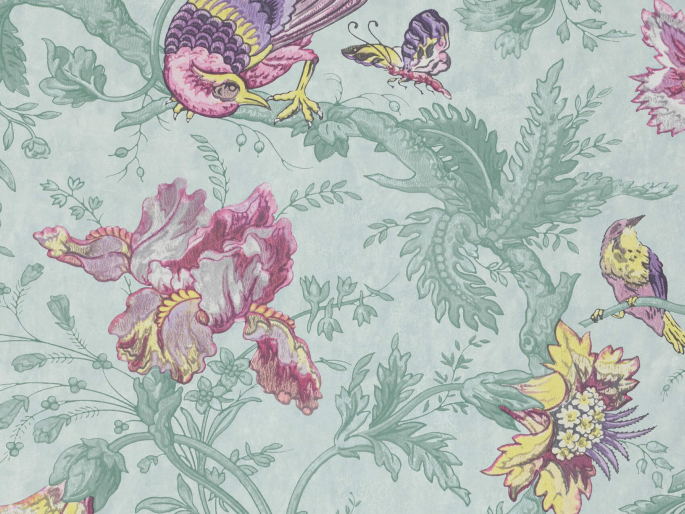 papier peint aux couleurs vives, avec un fond bleu sur lequel se trouvent des oiseaux Crowe Hall Lane - Punch de couleur rose et pourpre de Little Greene