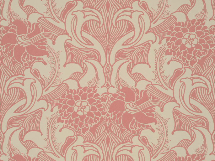 Dahlia Scroll - Carmine papier peint de Little Greene avec de grandes fleurs roses et des volutes