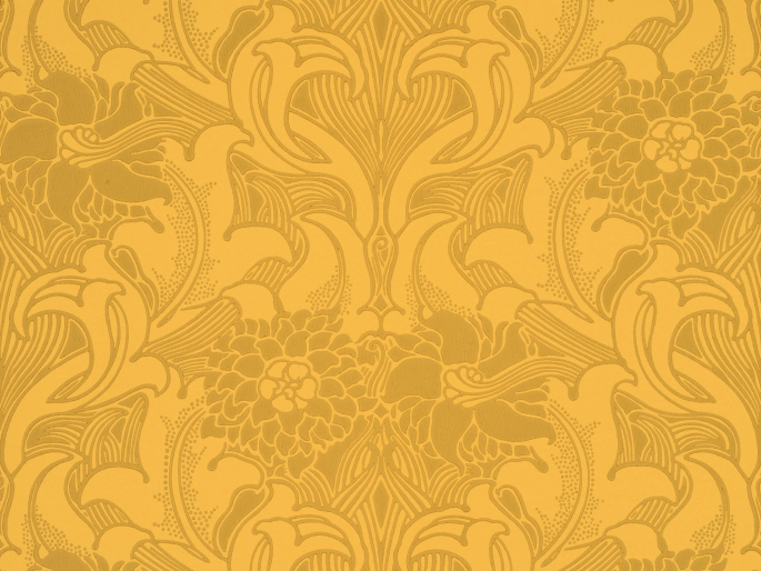 Papier peint gracieux Dahlia Scroll - Giallo de Little Greene d'une couleur jaune profonde avec des fleurs