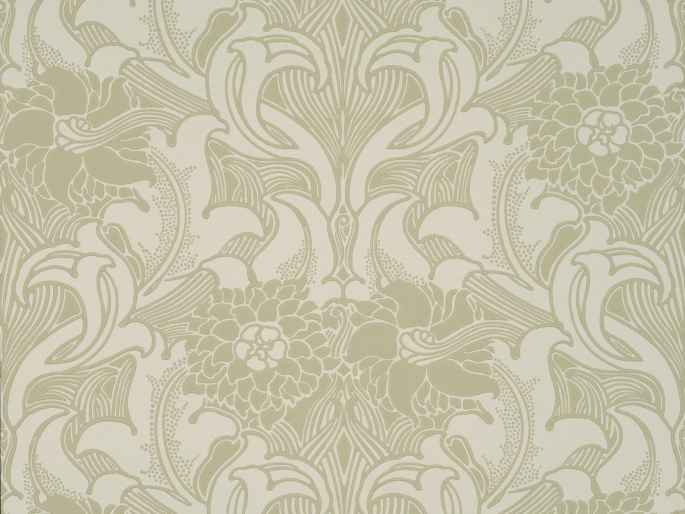 Papier peint à fleurs, de couleur vert/gris, avec des boucles élégantes de Little Greene Dahlia Scroll - Mirror