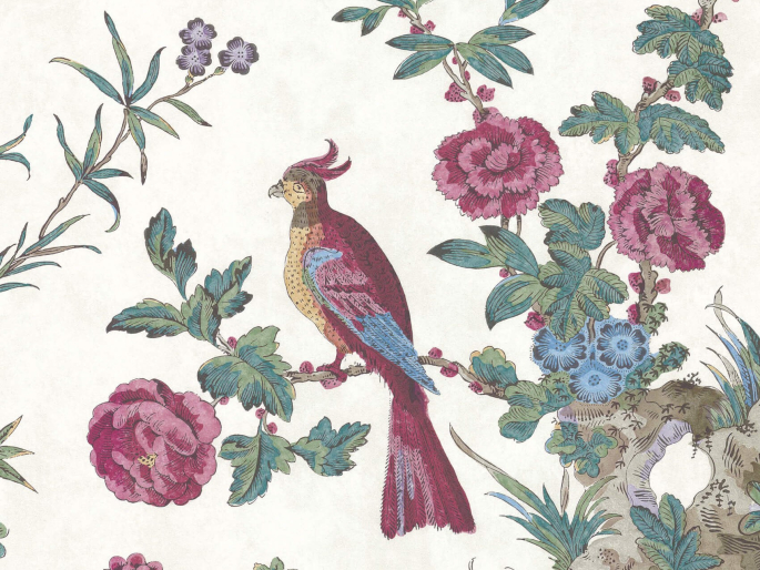 papier peint aux couleurs vives, avec des branches élégantes dotées d'oiseaux et de fleurs, dans lesquelles se retrouvent diverses couleurs Darwin - Serein