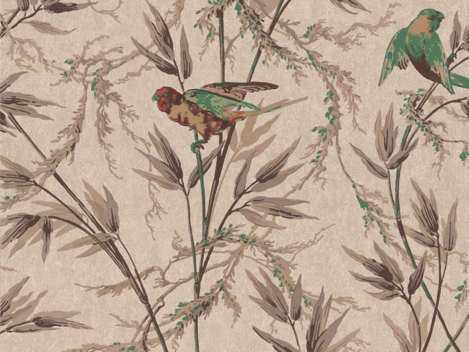 Papier peint brun clair avec des graminées ornementales de couleur taupe et des oiseaux Great Ormond Street - Cappuccino vert foncé
