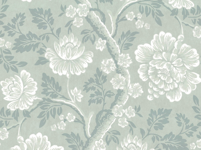 Papier peint floral élégant avec de grandes fleurs et des feuilles dans des tons verts/bleus Gustav - Cloud