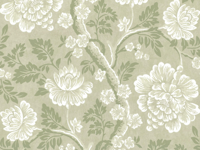 Papier peint floral avec un fond vert sur lequel se trouvent des fleurs élégantes aux teintes blanches Gustav - Dalarna