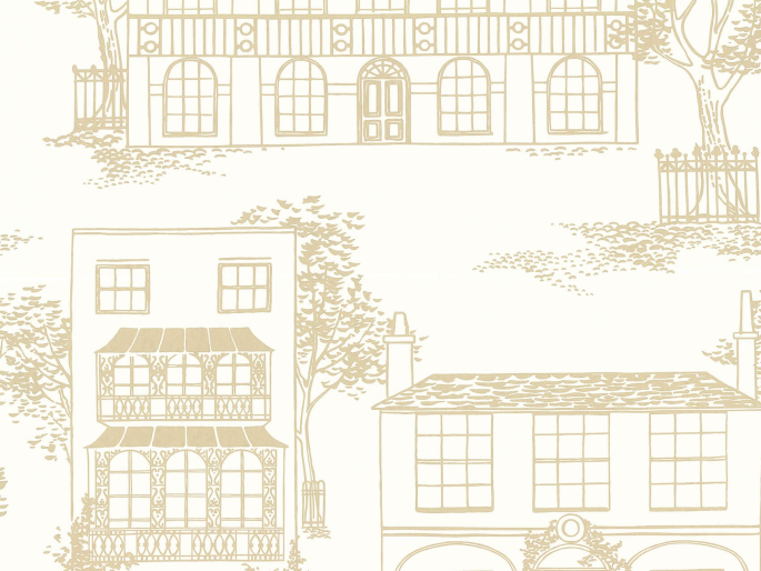 Papier peint dessiné représentant des maisons de styles différents avec des arbres Hampstead - Cloister de Little Greene