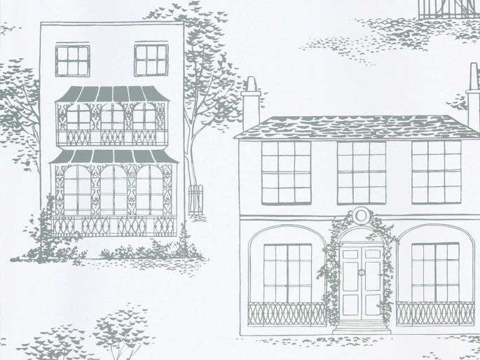 Hampstead - Glass papier peint de Little Greene avec des maisons dessinées et des arbres élégants