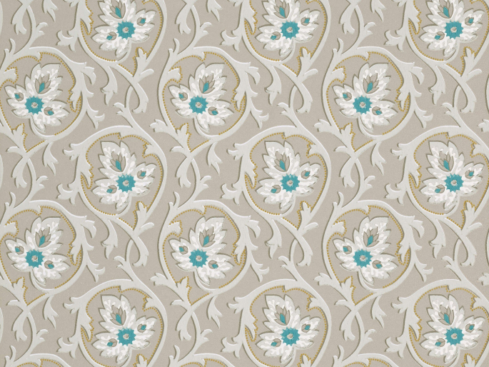 Papier peint à volutes grises avec des fleurs au cœur bleu Hoja - Cool Arbour