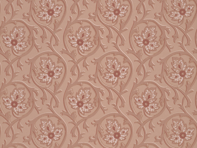 Papier peint rose de Little Greene avec un motif composé de volutes au design élégant et de feuilles de grande taille Hoja - Hellebore