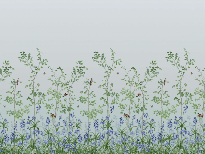 Papier peint floral avec un oiseau de Little Greene - Bird & Bluebell - Celestial Blue