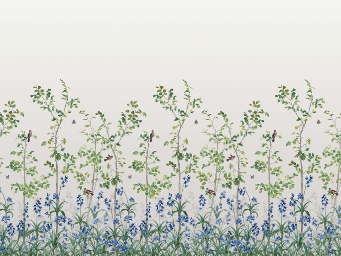 Bird & Bluebell - Ceviche papier peint sur fond blanc avec des fleurs bleues de Little Greene