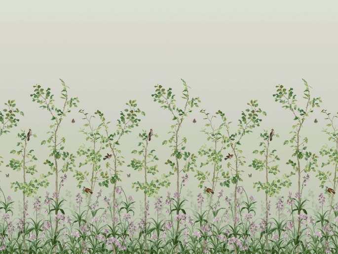 Bird & Bluebell - Vert à petits pois de Little Greene avec des oiseaux, des arbres et des fleurs