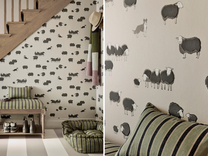 Little Greene papier peint Nip & Lassie Slaked Lime Dark appliqué dans un hall