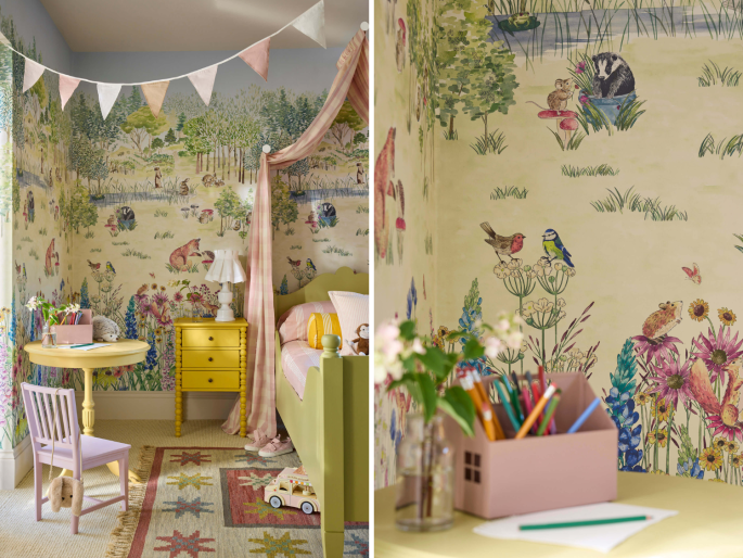 Little Greene papier peint Potter's Woodland Spring appliqué dans une chambre d'enfant