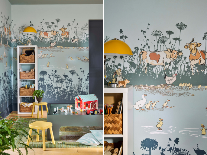Little Greene papier peint Riverside Capers Joli sur le mur d'une salle de jeux