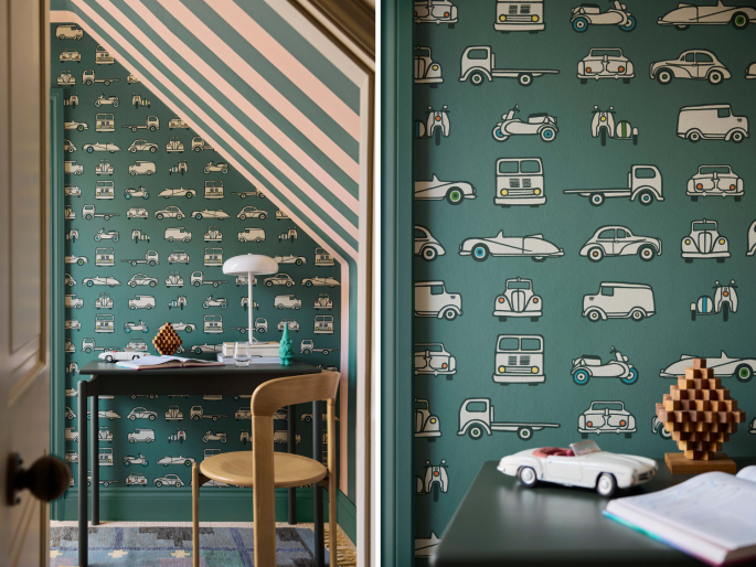 Little Greene papier peint Road Trip Pleat sur le mur avec Broad Stripe papier peint