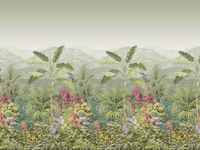 Groen jungle papier peint avec des palmiers et des montagnes à l'arrière-plan Capricorn - Boringdon de Little Greene