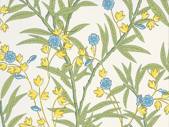 Bamboo Floral - Blue Verditer papier peint Little Greene avec des accents bleus et jaunes