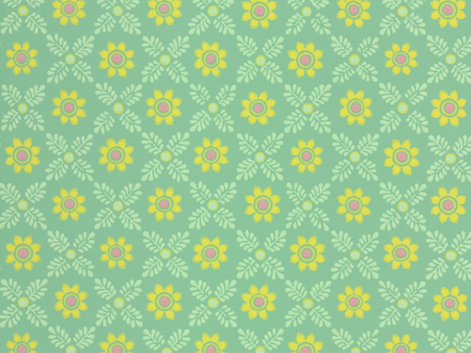 Papier peint fleuri à fond vert avec des fleurs jaunes au cœur rose de Little Greenen Ditsy Block - Green Verditer