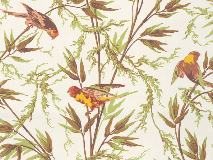 Beige papier peint avec des graminées ornementales vertes et brunes sur lesquelles se trouvent des oiseaux Great Ormond Street - Galette de Little Greene